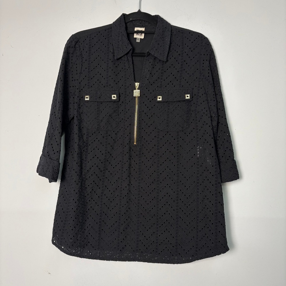Anne Klein Black Eyelet Half Zip Tunic Top 3/4 Sleeve Chevron Cotton Large